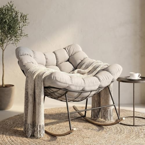 Fiutazge Mecedora Jardin Exterior con Cojín Acolchado,Sillón de Huevo Oscilante Silencioso,Carga Máxima 180kg,Silla Mecedora para Salón Balcón Patio Estudio,Beige