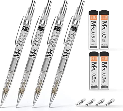 MozArt Essential Druckbleistift-Set - 4 Größen: 0.3, 0.5, 0.7 & 0.9mm. Druckbleistifte mit HB-Mine & Radiergummi-Minen - Druckbleistift für Illustrationen, Technik, Schreiben