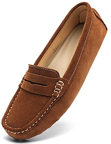 Osslue Women's Suede Leather Casual Penny Loafers Retro Ladies Moccasins Driving Mocs Comfort Slip-On Fashion Boat Shoes Classic Flats, Brown, 3 UK