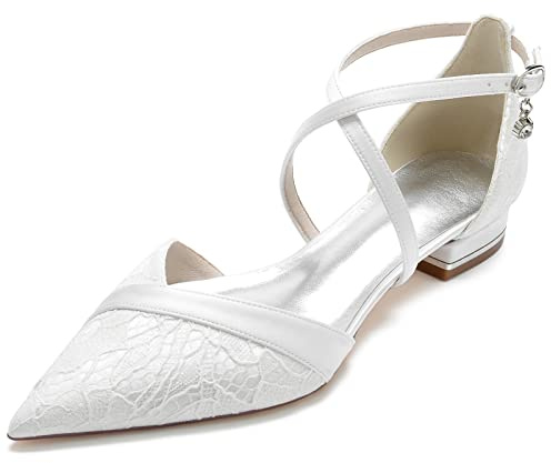 OTMYIGO Chaussures de Mariage à Bout Pointu pour Femmes en Dentelle Confortable sans Lacet Chaussures de Cour Chaussures de mariée soirée Robe de soirée de Bal Chaussures Pompes