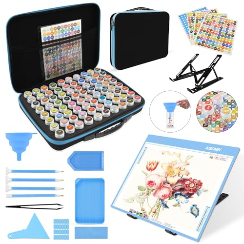 JUSONEY Diamond Painting Zubehör Boxen, 80 Stück Diamond Painting Aufbewahrungsbox mit 3 Helligkeit Leuchttisch A4 Werkzeug Set mit Diamond Painting Stift DIY Handwerk Als Geschenk, Blau