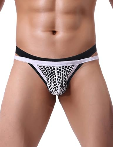 ohyeahlady Tanga Hombre Sexy Mesh Thong de Encaje Transpirable Lenceria Jockstrap para Hombre Slip Gay Ropa Interior Lencería Calzoncillos Talla Grande Blanco XL