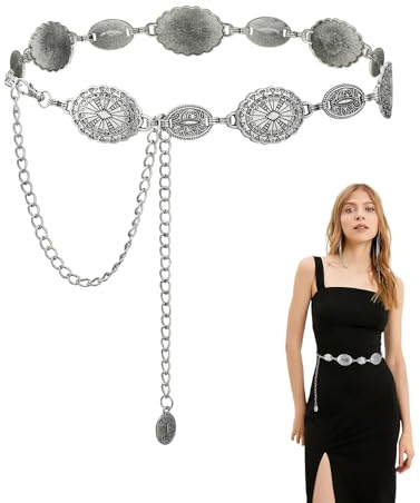 Yuqilin Kettengürtel,Metall Bauchkette Concho Kettengürtel Western Gürtel Damen Piraten Kette Taillenkette Metall Damen Cowgirl Gürtel Teiliges Gürtelkette,für Jeanskleid,125 CM/49.2 in（Silber）