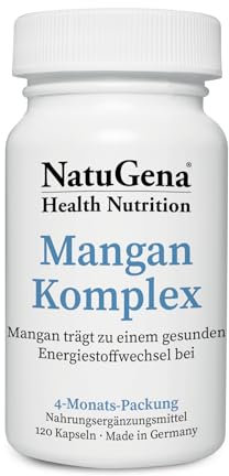 NatuGena Mangan-Komplex, Gluconat, Bisglycinat, Citrat, trägt zu einem gesunden Energiestoffwechsel bei, 120 Kapseln (120 Tage Packung)