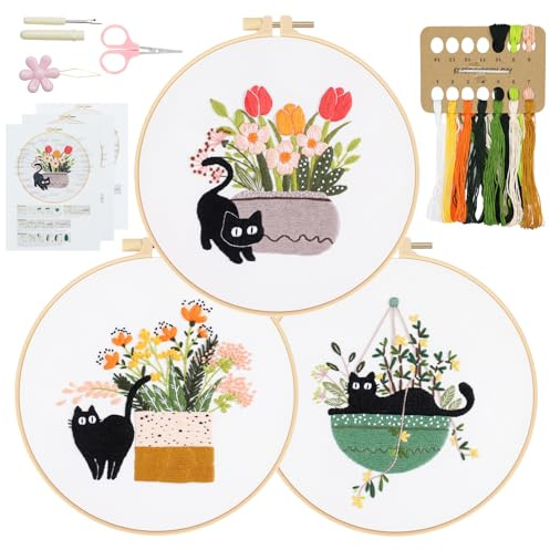 RidaaFri Embroidery Kit for Beginners Set of 3, DIY Hand Stamped Embroidery Kits for Adults and Starts with Cute Cat and Plants Patterns, Hoop, Needle, Threads and Instructions