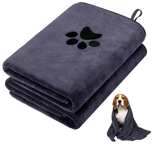 Hejo Dog Towel, 2 Pcs Super Absorbent Drying Towels, 100cm x 50cm Microfibre Dogs Bath Towel, 400GSM Soft Personalised Dog Towels, Lucky Paw Pet Towel for Dogs, Cats and Medium Pets (Grey)
