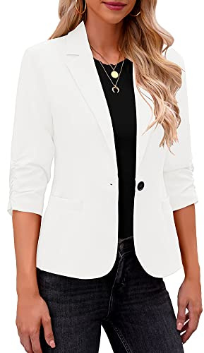 Roskiky Blazer élégant pour femme, veste à manches 3/4 d’affaires, look décontracté, costumes pour bureau, Blanc brut, XL