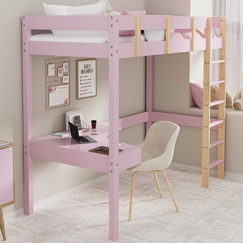Blisswood High Sleeper Bunk Bed, 3ft Single Wooden Loft Bed with Ladder, Safety Guardrail & Solid Pine Wood Bed Frame with Desk, Small Space Saving Bunkbed for Kids, Teens & Adults (Pink)