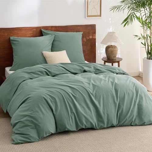 BEDSURE Bettwäsche 200x220 Baumwolle 3teilig - Bettwäsche-Sets Salbeigrün Bettbezug mit 2 Kissenbezüge 80x80 cm, Ähnliche Textur wie Washed Leinen, Oeko-TEX Bedding Grün mit Reißverschluss