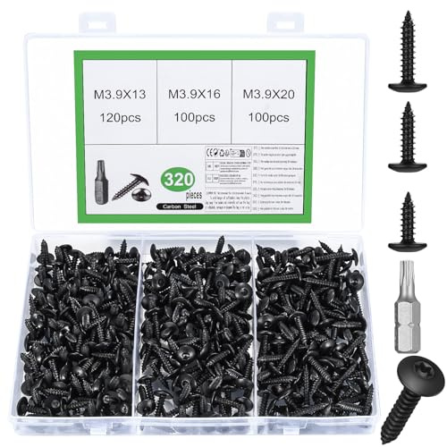 MYHongLe 320 Pcs M3.9 Black Self Tapping Screws for Wood, Metal, Plastic, Torx Pan Head, Mushroom Head, Truss Head
