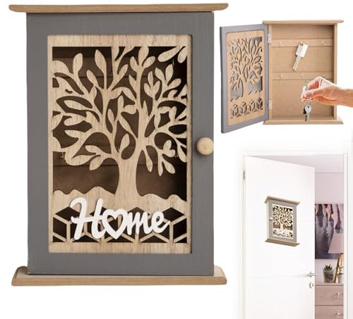 LEKEFETO Cassetta portachiavi in legno con 6 ganci per chiavi, vintage, con design a forma di albero della vita, per ingresso, corridoio, ufficio, 28,5 x 22 x 7 cm