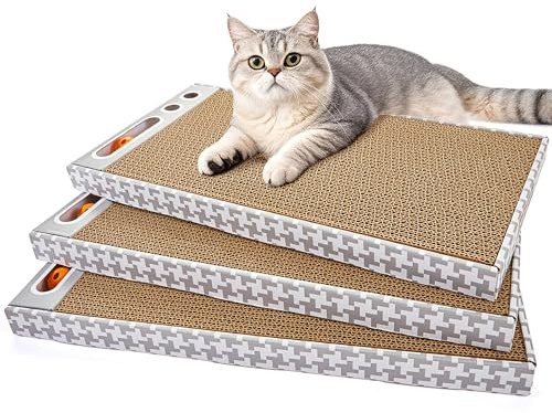 MARKARBARKA Cat Scratching Board 3 Pack – Reversible Cardboard Scratcher for Indoor Cats, Wide Boxed Scratch Pads with Bell Ball, Durable Corrugated scratchers as Furniture Protector