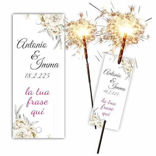 Mr Pubblicità - n.100 Cartoncino Etichette Stelline Scintille Matrimonio Personalizzati – Decorazioni Nozze, Sposi, Anniversario, Compleanno, Feste – Aggiungi Nomi e Frase a Scelta (Modello 9)