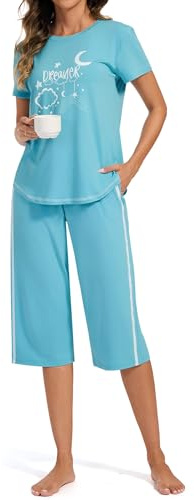 Terecey Ensembles de Pyjama Femme Ete en Coton Vêtements de Nuit Col Rond 2 Pièces Ensemble Femme Short et Haut Doux Confortable