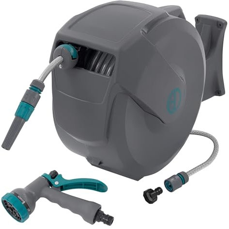 ECD Germany Schlauchaufroller 30m+2m, Schlauchtrommel, Wand-Schlauchbox RollUp mit Arretierstop und 9 Sprühfunktionen, 180° Schwenkbar, Automatischer Wasser Gartenschlauch-Aufroller zur Wandmontage