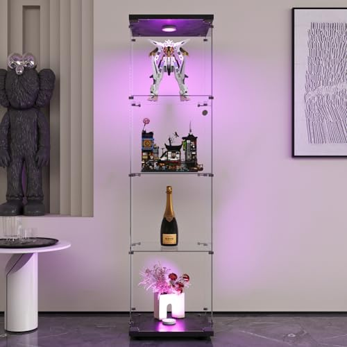 BEIJIALY Glasskyltfönster med LED, samlarskyltfönster med 1 dörrar och 4 genomskinliga hyllor, glasmonter med lås för statyer, barskåp för vardagsrum