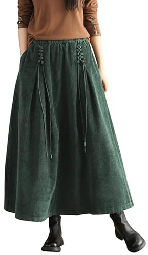 Runstarshow Corduroy Midi Skirts for Women UK Ladies High Elastic Waisted Skirt with Pockets Elegant Casual Autumn Winter Spring Clothes UK Size 8-20 (M-XXL) Green