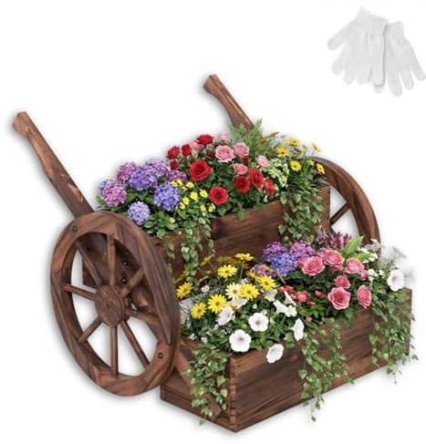 CHEFJOY Wooden Wagon Planter, 2-Tier Raised Garden Bed on Wheels with Drainage Hole & Vertical Handle, Outdoor Flower Cart Planter Box for Garden, Yard, Backyard (1)