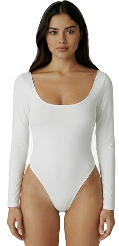 UDILEO Body Donna in Cotone Maniche Lunghe Scollo Profondo Tinta Unita Aderente Elegante Sexy Elasticizzato (BIANCO, L/XL)