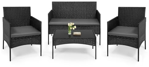 WOLTU Salon de Jardin Extérieur en Polyrotin, Ensemble de Meubles de Jardin pour 4 Personnes, avec 1 Canapé, 2 Fauteuils, 1 Table Basse et Coussins, pour Jardin, Terrasse, Balcon, Noir