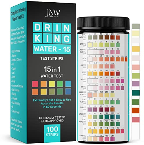 JNW Direct 15-in-1 Drinking Water Test Kit - 100 Strips - Quick & Easy Water Testing Strip for Lead, Alkaline, Chlorine, Hardness, Iron, Fluoride, Copper & More