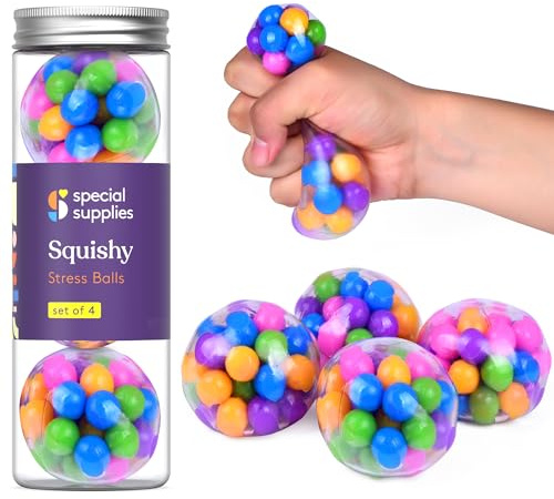 Squishy Stress Ball Squeeze, Color Sensory Toy, Relieve Tension, Anxiety, Home, Travel and Office Use, Fun for Kids and Adults (4-Pack)