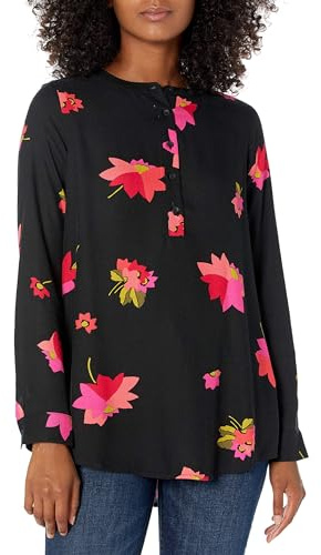 Amazon Essentials Camicetta in Tessuto a Maniche Lunghe Donna, Nero Rosa Floreale, XXL