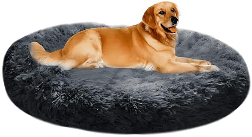 XXL Panier pour Chien Tissu Peluche,Anti Stress Lit Moelleux Rond pour Chat | Orthopedique XL Panier Chien Coussin pour Animaux Moyen Grand Taille,Lavable Tapis Puppy Gris foncé-90cm