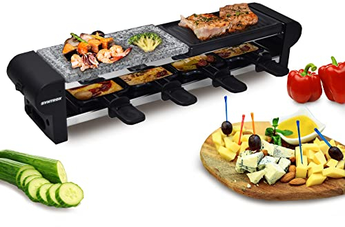 Syntrox Raclette für 4 Personen mit heißem Stein & Grillplatte, 600 W Tischgrill, 4 antihaft Pfännchen, kompakt, Miniraclette – Modell Thurga