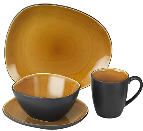 Van Well Elements Curry 16-tlg. Kombi-Service I 4 Personen I Geschirr-Set - Kaffee, Frühstück & Tafel I Je 4x Speiseteller, Frühstücksteller, Schalen & Kaffeebecher I Steingut