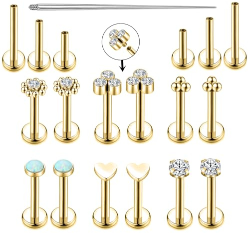 Yjbglrygf 16G Monroe Lip Piercing Jewelry Labret Studs Tragus Hoop Earrings Internally Threaded Lip Stud Nose Piercing Stud Flat Back Opal Zircon Helix Earring Studs(16G*8mm, gold)