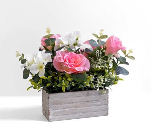 Mr.Bom Konstgjorda blommor, växter, falska rosor, hortensior, blomsterarrangemang i krukor för hem, bröllop, bordsuppsatser, inomhus, utomhusdekoration (rosa)