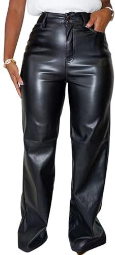 hibshaby Women's Faux Leather High Waisted Straight Leg Long Pants Zipper Fly Pu Trousers Black XL
