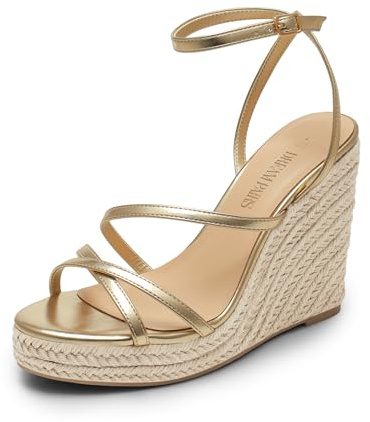 DREAM PAIRS Strappy Espadrille Platform Wedge Sandals for Women Dressy Summer, Comfortable Open Toe Sandals with Cushioned Insole and Ankle Strap Buckle,Size 8,Gold,SDPW2421W