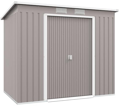 Outsunny 7 x 4ft Lean to Garden Metal Storage Shed w/ Foundation Double Door Ventilation Window Sloped Roof Outdoor Equipment Tool Storage, Grey