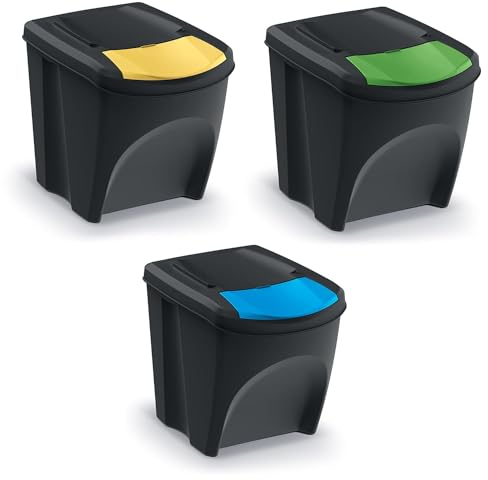 BirnePower Mülleimer Müllbehälter Abfalleimer 75L Set 3 x 25L Mülltrennsystem Behälter Sorti Box mit Deckel Müllsortierer Abfallsammler Anthrazit