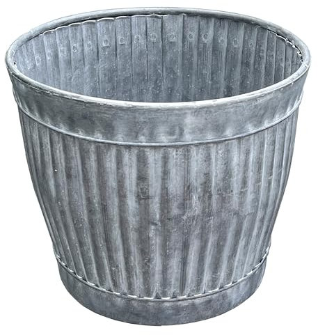 Alfie Francis 31cm DIA x 26cm H Large Galvanised Metal Garden Planter Outdoor Plant Pot Vintage Ribbed Barrel Tub Decoration