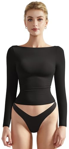 SUUKSESS Women Crew Neck Long Sleeve T Shirts Double Lined Tight Fitted Crop Top (Black,S)