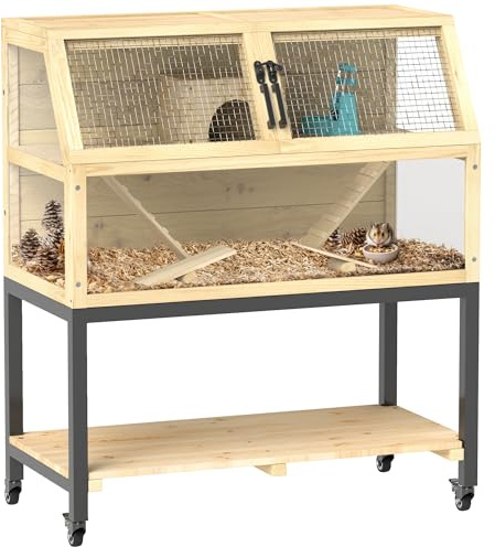 PawHut Hamster Cage, Wooden Gerbil Cage with Storage Shelf, Wheels, Ramps, Water Bottle, Hut, Seesaws, for Dwarf, Syrian, Gerbil