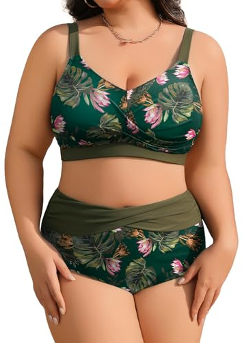 heekpek Costumi da Bagno Donna Taglie Forti Due Pezzi Vita Alta Push Up Bikini Donna Mare Imbottito Costumi Mare da Donna Scollo a V Costume per Seno Grande, Verde Floreale, 3XL