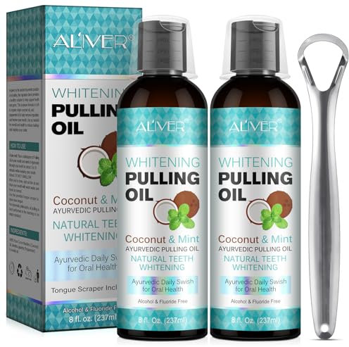 Mint Oil Pulling Mouthwash with Tongue Scraper - Natural Coconut Oil Pulling for Teeth Whitening, Fresh Breath, Teeth Whitening and Healthier Teeth & Gum (237ml（Pack of 2）)