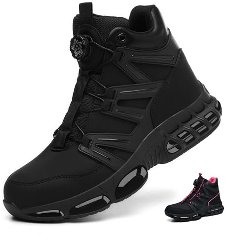 PAQOZKC Safety Boots Men Women Steel Toe Cap Boots Lightweight Work Boots Air Cushion Safety Trainers with Swivel Buckle Shoelaces Black