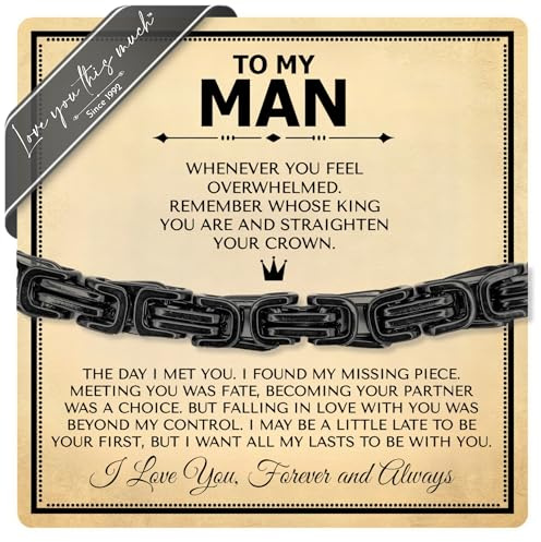 Love You This Much To My Man Straighten Your Crown Gift for Him | 5mm Twist Steel Bracelet | 8 + 1 Extender | I Love You Gifts for Him | Luxury Gift Box & Card (Black-Black)