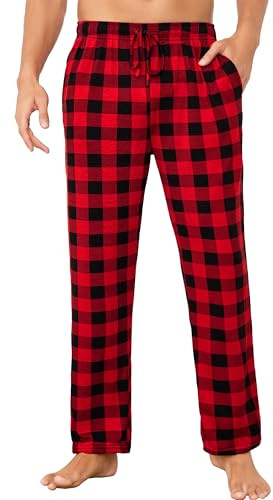 Lovasy Pantaloni del Pigiama Uomo Caldi e Lunghi a Quadri Morbidi Pantaloni da Notte con Tasche Abbigliamento da Notte per Casa Casual,B-Rosso,XL