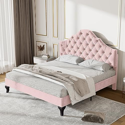 BOSTEU Double Bed 135x190cm, Upholstered Bed with Slatted Frame and Headboard, Youth Bed with Height-Adjustable Headboard, Easy Assembly, Velvet, Without Mattress, Pink