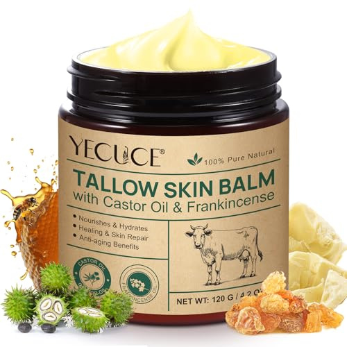 Seifenlauge Rizinusöl Weihrauchöl Hautbalsam, 100% Grasgefüttertes Rindertalg Hautpflege, Gesichts- und Körperfeuchtigkeitsspender für alle Hauttypen, natürlich & handgemacht