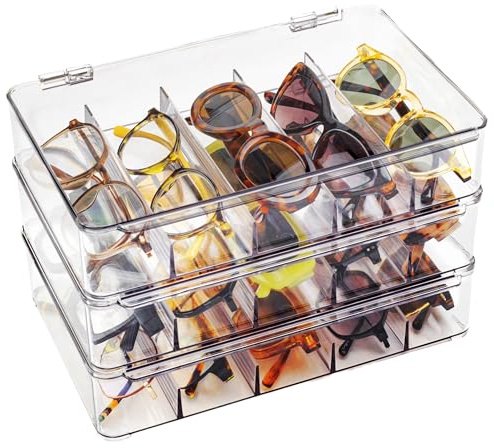 The Useful Co. UCO Présentoir Lunettes 3 Pièces, Rangement Lunettes Transparent Empilable, Organisateur à Tiroir et Étui, Boîte à Lunettes et Rangement Bijoux en Acrylique