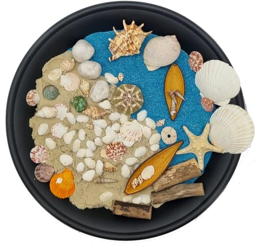 Seashore Sensory Play Set – Natural Beach-Themed Play Kit with Blue & Natural Sand, Shells, Starfish, Urchins, Pebbles, Wood Sticks & Pods – Montessori, Tuff Tray & Coastal Craft Activities