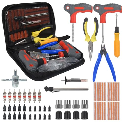 65pcs Tyre Repair kit, Car Tyre Puncture Repair Kit, Tubeless Tire Repair kit with Pressure Gauge, Tread Depth Gauge, T-Handle Tool, Strips & Tire Plugs for Cars, Motorcycle, Truck, Van, ATV, Tractor