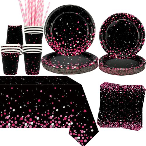 Obussgar Pink Black Party Decoration - Pink and Black Birthday Party Tableware Supplies Includes Plates, Cups, Napkins, Tablecloth, Straws - Serves 20